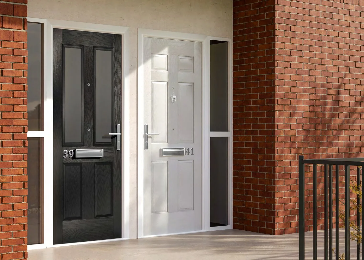 Black & white panelled doors on brick exterior