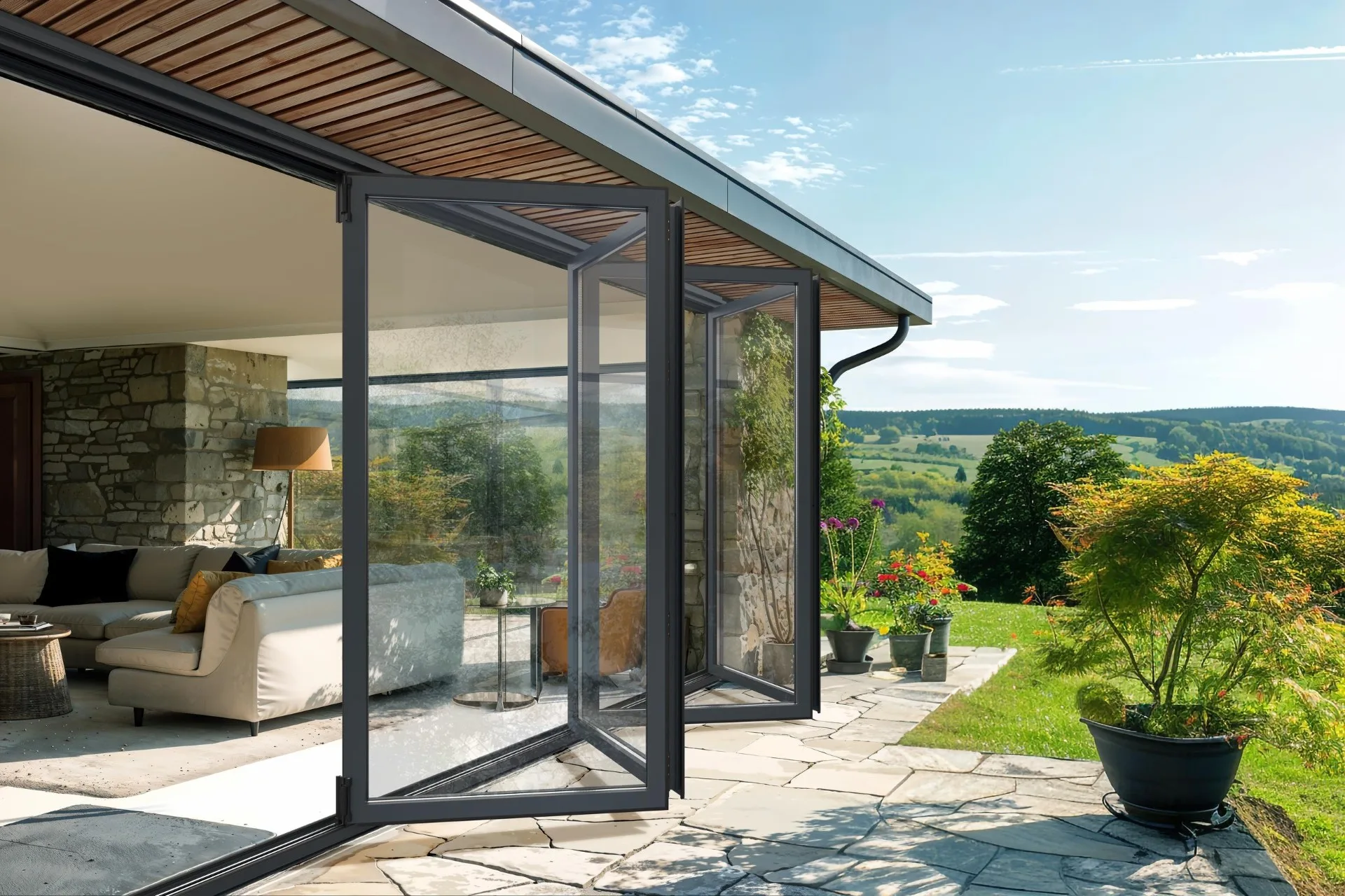 Smart Visofold 1000 aluminium bifold doors half open onto a countryside patio