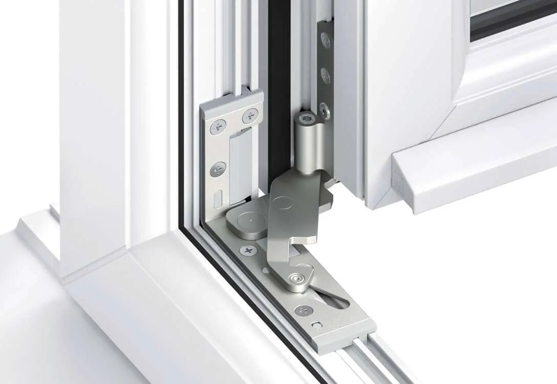 Tilt and turn window hinge mechanism showing precision engineering